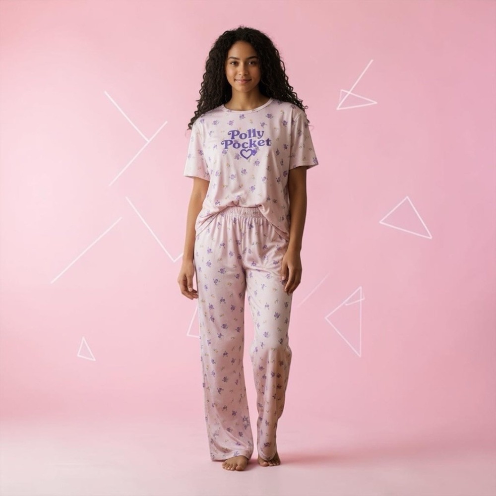 Polly Pocket Pajama Set Women M Pink Floral 2-Piece Tee Pants Grayson collective